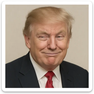 Reduce contrast for a softer look and enhance the very sly, cunning expression on Donald Trump's face, keeping photorealistic quality and plain background. Maintain photorealistic style with a plain background. sticker