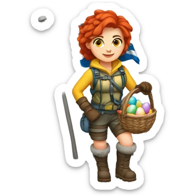 Female winter mountaineer red hair white skin climbing with Greek Flag and Easter eggs basket sticker