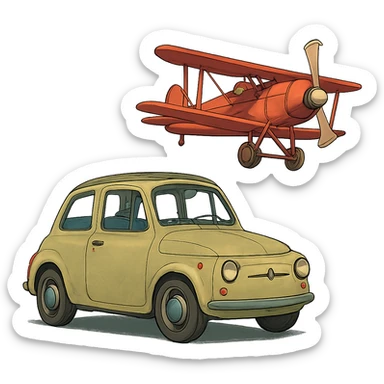 ghibli style car with a plane sticker