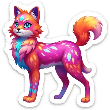 Vibrant multicolored neon-colored Falvie-Fionbri-creature-sparkle-feline-canine-hybrid-fursona, full body, fur pattern-markings sticker
