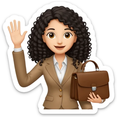 medium deep tan brown business woman with long black curly hair, waving hand with happy face and holding a close laptop and carrying a bag on her dhoulder sticker