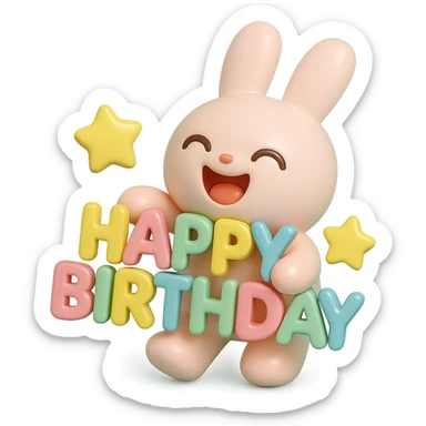 laughing bunny hugging "Happy Birthday" letters with stars, vinyl figure style, smooth, shiny, collectible toy sticker
