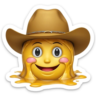 A yellow smiley face melting into a puddle. 

The eyes and mouth slip down the face, yet still maintain a distorted smile. The face is wearing a cowboy hat. sticker