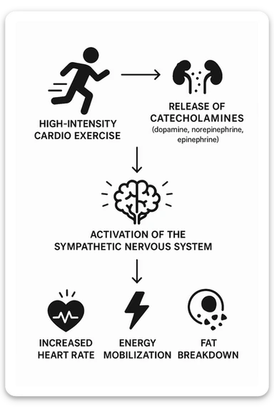 fai uno schemino che mostra come il cardio ad alta intensità stimola le catecolamine sticker
