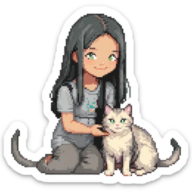 Remix: Beautiful girl with long straight black hair, inspired by the reference, petting a gray and blonde mixed cat, pixel art style, girl smiling, cat on her lap sticker