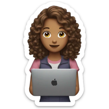 girl with long curly brown hair with a laptop in her hands sticker