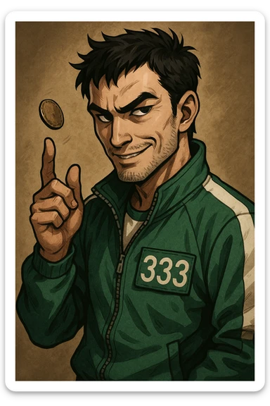 male character in a green Squid Game tracksuit with number 333, smirking, sharp black eyes, messy short black hair, slight stubble, flipping a coin, mysterious and strategic expression, design for character icon sticker