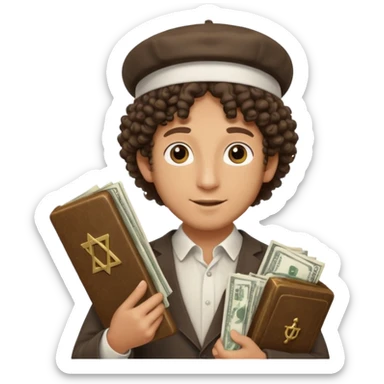 Jewish man (with curly hair) with Jewish hat holding money and Torah sticker