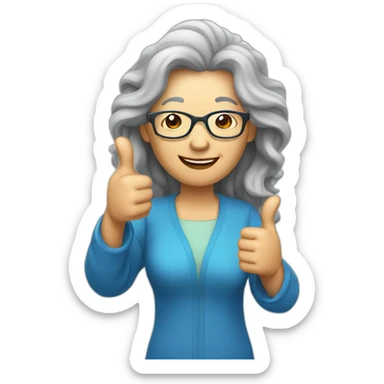 Chinese senior lady with long wavy hair wear glasses showing big thumbs up sticker