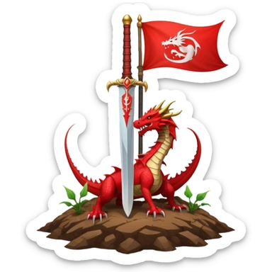 WhatsApp style emoji of a huge sword planted in the earth with a red banner with a dragon head waving behind it symbolizing preparation for battle and the start of a hunt clean epic transparent background sticker
