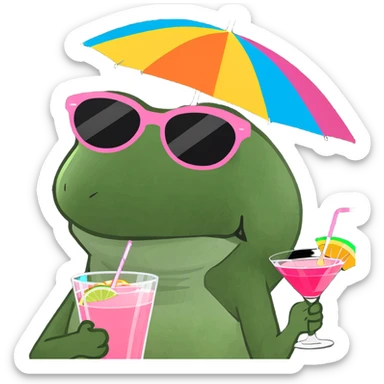 Bufo frog in a jumping pose, with rainbow umbrella hat, oversized sunglasses, holding a pink cocktail, classic Bufo meme style sticker