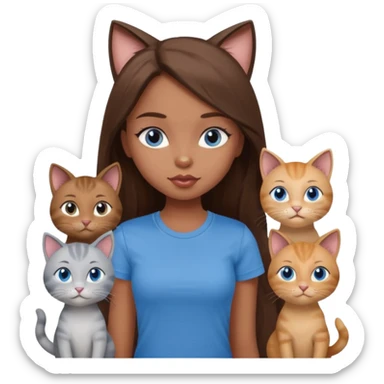 a pretty bratz dusky girl with long brown hair, blue eyes with six cats nd wearing a grey tshirt sticker
