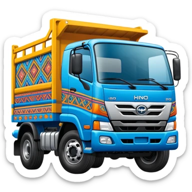 Emoji style illustration of a Hino 500 truck, colorful Peruvian decorative truck art, bright blue body, Andean patterns and vibrant painted details, bold outlines, flat vector style, clean shading, sticker design, centered, white or transparent background, high detail, cartoon style sticker