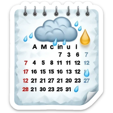 Minimalist emoji of a tilted, crumpled calendar page with faint, incomplete checklist marks, a small rain cloud dripping above it, and a dim, muted colour palette to symbolise a productivity slump and lost discipline. Flat vector style, soft shadows, transparent background sticker