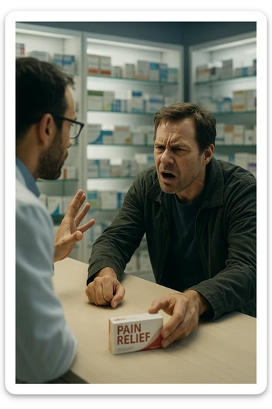Cinematic Frustrated man at pharmacy counter demanding immediate pain relief medication, expression of impatience wanting instant symptom elimination, ignoring pharmacist's questions about underlying causes, grabbing prescription bottle eagerly, symptom suppression taking priority over healing, modern medicine aisle promising quick fixes for complex health problems" in italiano sticker