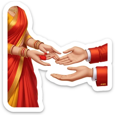Two hands in a engagement..One hand of groom and one hand of bride. Bride hand - red/yellow saree. groom- light orange punjabi (oonly hands will be visible in the image) sticker