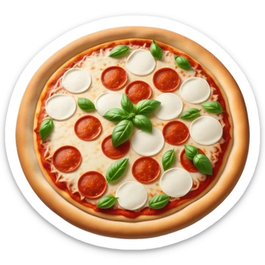 Cinematic Realistic Pizza Napoletana Dish Emoji, depicted as a classic thin‚Äêcrust pizza topped with vibrant tomato sauce, fresh mozzarella, and basil rendered with mouth‚Äêwatering textures and warm natural lighting. sticker