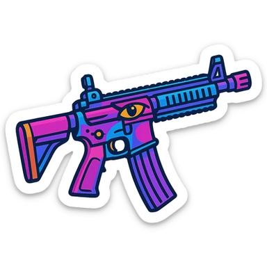 M416 assault rifle with Maskara skin, blue and purple highlights, energetic, cartoon style sticker