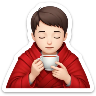 A European boy is sitting wrapped in a red blanket, drinking tea with his eyes closed. sticker