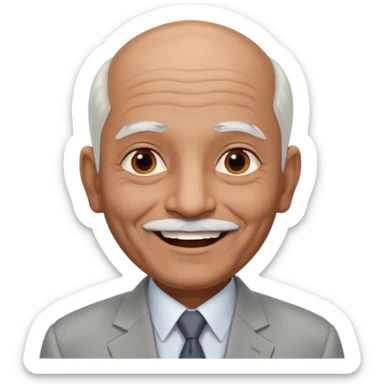 70 yr old indian man, almost bald, some white hair, light grey business suit, big smile, dark brown skin, no moustache, dark brown eyes
 sticker