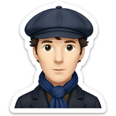 sherlock holmes benedict cumberbatch, wearing a deerstalker hat, Long dark coat, Dark suits, dark Blue scarf sticker
