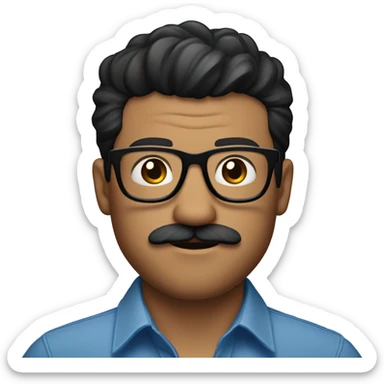  emoji of white man, black hair. blue button up shirt, black glasses, bear and mustache. tattoo of rose on right arm and apple watch sticker