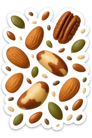 emoji stile iphone 3d di questi elementi che fluttuano in aria:

Semi di chia, lino, zucca, sesamo
Mandorle, noci pecan, noci brasiliane (porzioni limitate)

 che fluttuano sparse casualmente in aria, iperealistico 4k sticker