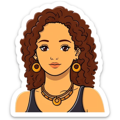 Attractive Greek woman with freckles, long curly amber-brown hair, gold hoop earrings and small necklace sticker