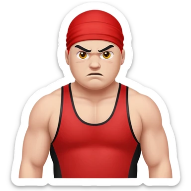 Close-up of white skin fat guy with young face, no muscle with prominent black durag, completely shaved face, no beard or mustache, black eyes in a red and black wrestling singlet with angry face sticker