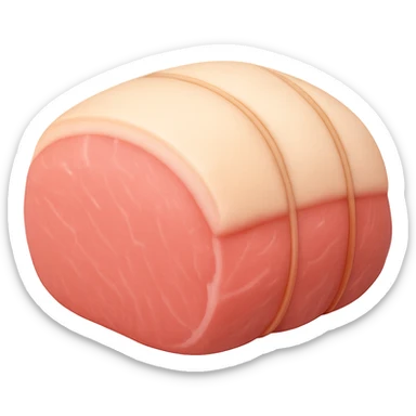 Create an image of a whole raw pork roast with a thick, rounded shape, light pink flesh, smooth slightly moist surface, creamy white fat cap on top, subtle marbling, optionally tied with simple butcher's twine. Remove any face or anthropomorphic features. No tray, garnish, or extras. The style should emulate the Apple emoji style with soft lighting and subtle shadows, emoji scale, and transparent background. sticker
