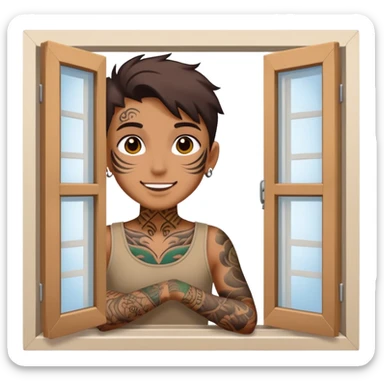 person with face tattoo looking out of window and he is opening shatters happy sticker