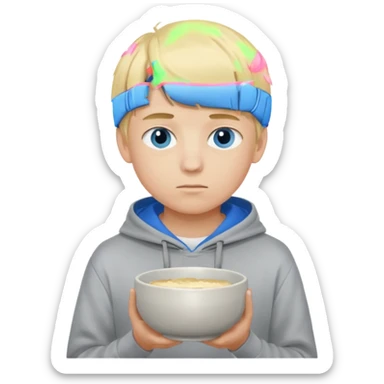 Teen boy with blue eyes and Grey hoodie standing up with blond short bowl cut sticker