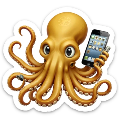 Intimidating octopus made of bones. Evil looking eyes, wearing a gold necklace. 3 tentacles are holding their own cellphone with one held to the side of its face as if its on a phone call, 2 other tentacles are holding stacks of money sticker