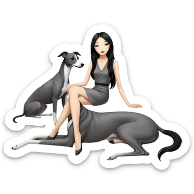 Very thin Chinese woman with long black hair relaxing in a luxurious hotel suite with exactly ONE whippet dog. EXTREME IMPORTANCE: the whippet must be ONE SOLID VERY DARK CHARCOAL GREY COLOR from nose to tail with ABSOLUTELY NO WHITE MARKINGS anywhere - NO white on face, NO white on muzzle, NO white on chest, NO white on paws, NO white on tail - NOTHING BUT A SINGLE SHADE OF VERY DARK GREY throughout the entire animal sticker