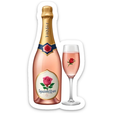 bottle of sparkling rose champagne tilted up and to the right, with a rose logo, no glass sticker