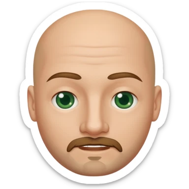 white caucasian bald man's face, with brown  round goatee and dark green eyes, oval face, rounded, big, little eyes a small smile sticker