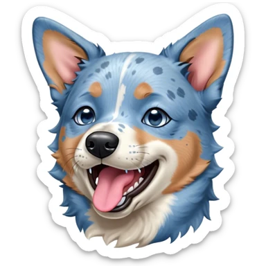 Cinematic Cute Yawning Blue Speckle Australian Cattle Dog Portrait Emoji, Head tilted slightly with a dramatic, wide-open yawn, showcasing a sleek blue speckle Fur with distinct markings, floppy ears slightly drooping, round blue eyes barely open in drowsy contentment, Simplified yet irresistibly adorable features, highly detailed, glowing with a soft, cozy glow, high shine, relaxed yet expressive, stylized with a touch of whimsy, bright and endearing, soft glowing outline, capturing the essence of a sleepy yet affectionate herder, so drowsy it feels like it could stretch out of the screen and curl up for a nap! sticker