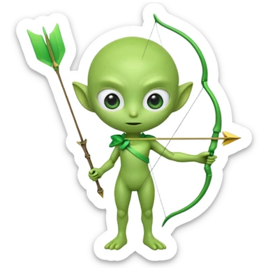 3D emoji-style green alien holding a bow and arrow, glossy texture, smooth skin, large expressive eyes, small humanoid body, minimalist background, soft lighting, Pixar-style rendering, high detail, cute but slightly serious expression, clean centered composition. sticker