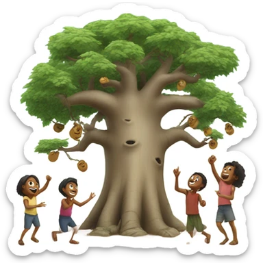 Create a baobab tree with 5 kids playing in Madagascar sticker