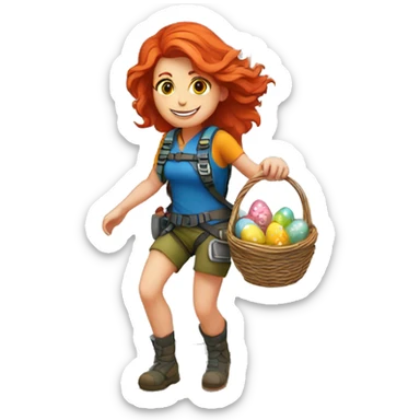 Female mountain climber red hair climbing with Greek flag and holding Easter eggs basket sticker