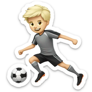 blonde boy in gray soccer uniform and black shorts with gray beard  and hair kicking a soccer ball sticker