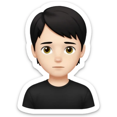 A beautiful boy with black hair and hazel green and brown eyes and white skin , with dark freckles and black t shirt with middle part hair hair with a center part haircut  sticker