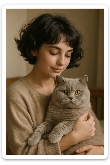 wavy black haired girl with a short haitcut holding a british cat sticker