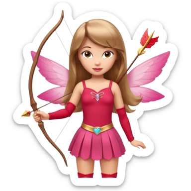 Hada sexy cupido pequeña  de cabello largo lacio castaño claro con flequillo y ojos cafés  vestida de top y falda roja y con arco y flechas cabello lacio labios rosas tipo Barbie pero en hada cupido sticker