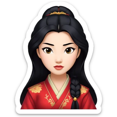 Cinematic Realistic Mulan Portrait, depicted with lifelike skin texture, soft natural lighting, and intricately detailed long black hair styled elegantly. Her deep, expressive eyes exude determination and grace, complemented by a serene yet confident expression. She is dressed in her classic attire, with rich fabric textures and delicate folds that catch the light beautifully. The portrait features a soft, enchanting glow with a natural, radiant finish, capturing the essence of timeless strength and beauty in a realistic and painterly style, evoking a sense of depth and authenticity. sticker