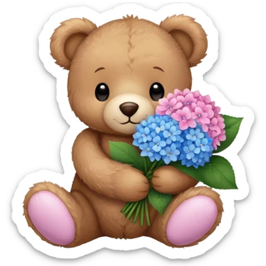 light brown teddy bear holding a pink and blue hydrangea bouqet sticker