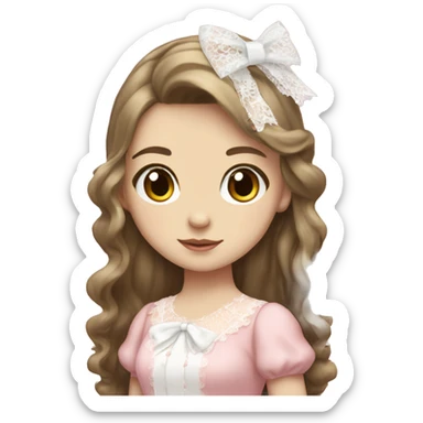 full body, girl standing, pale skin, long brunette hair, wearing lolita pink dress with white lace, wearing a pretty white bow on top of her head sticker