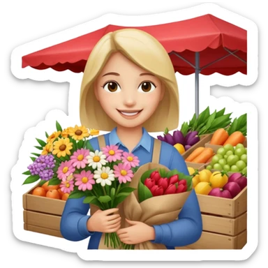Shopper with flower bouquet,Farmers’ Market. sticker
