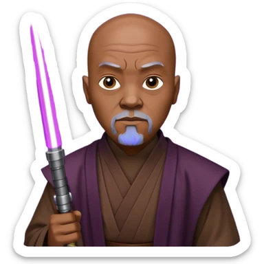 star wars master windu bald head, no facial hair, brown jedi outfit with purple lightsaber sticker