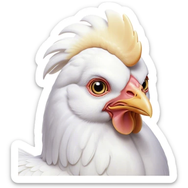 Cinematic Noble White Chicken Portrait Emoji, Poised and regal, with a compact, sturdy build and a pristine, well-groomed pure white plumage, deep-set soulful beady eyes, Simplified yet sharp and sophisticated features, highly detailed, glowing with a soft, dignified glow, high shine, intelligent and alert, stylized with an air of barnyard elegance, focused and attentive, soft glowing outline, capturing the essence of a watchful and confident fowl, so majestic it feels as though it could strut out of the screen with effortless authority! sticker